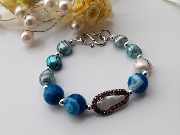 Bratara perle&blue agat