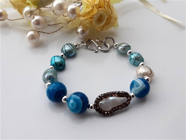 Bratara perle&blue agat