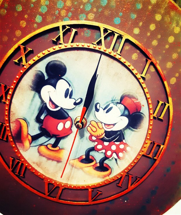 Ceas din lemn,  30 cm, vintage Mickey & Minnie