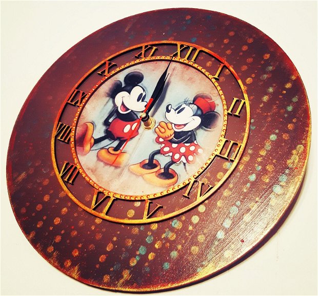 Ceas din lemn,  30 cm, vintage Mickey & Minnie