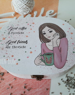 Cutie bijuterii pictata manual cu mesaj prietena tema cafea