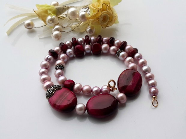 Perle lavender freshwater&red tiger eye