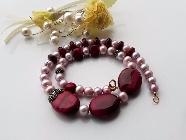 Perle lavender freshwater&red tiger eye