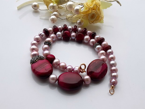 Perle lavender freshwater&red tiger eye