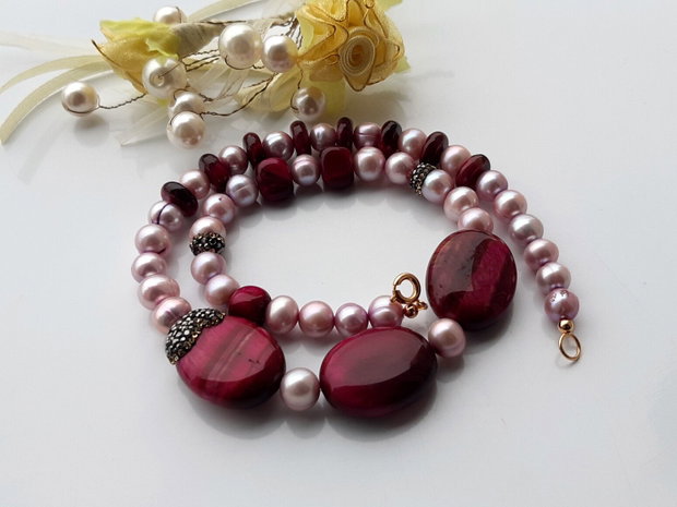 Perle lavender freshwater&red tiger eye