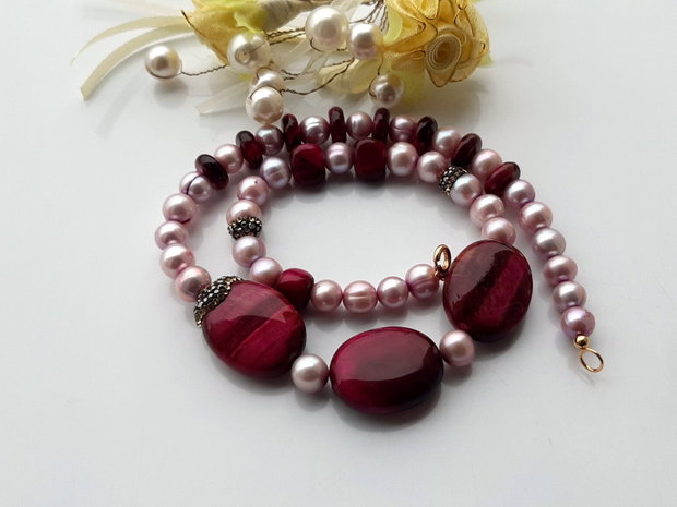 Perle lavender freshwater&red tiger eye