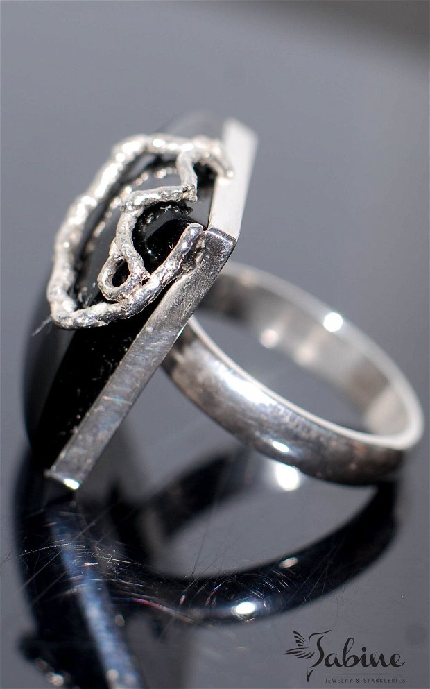 Inel patrat argint 925 cu onix natural,  inel contemporan
