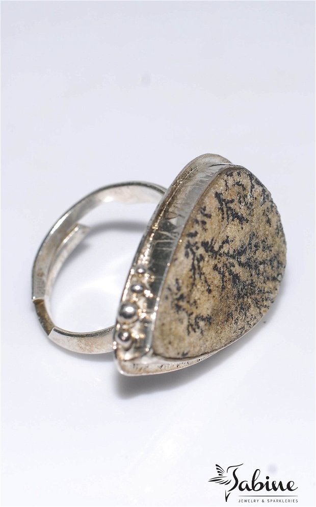 Inel argint 925 cu calcar dendritic, inel asimetric, inel mare, inel special, inel piatra naturala