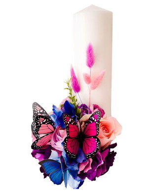 Lumanare decorata cu flori artificiale