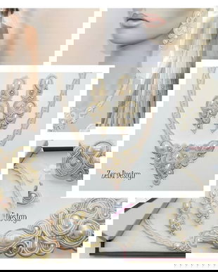 Set bijuterii crem cu auriu, bijuterii cu perle de cultură, colier şi cercei brodaţi manual, bijuterii statement unicat