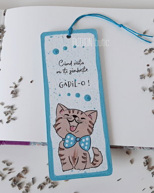 Semn de carte pisicuta pictat manual perspnalizat cu text