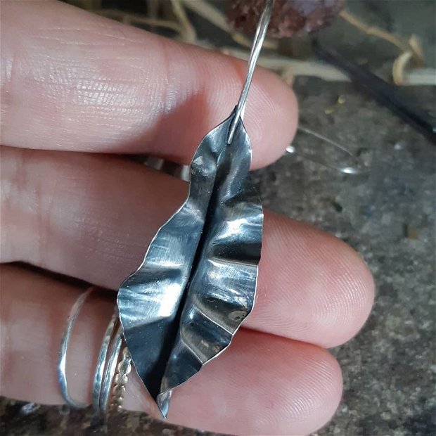 Cercei lungi frunze din argint 925, partial oxidat
