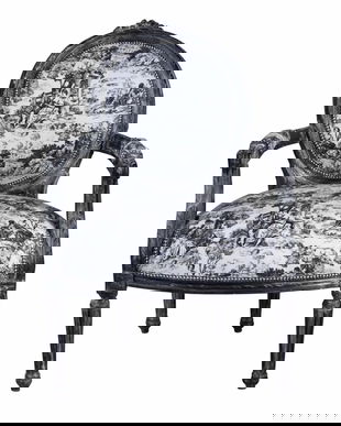 Semifotoliu negru antichizat cu tapiterie alba cu desene negre