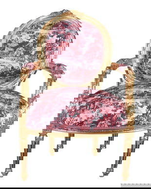 Semifotoliu auriu antichizat cu tapiterie alba cu desene rosii