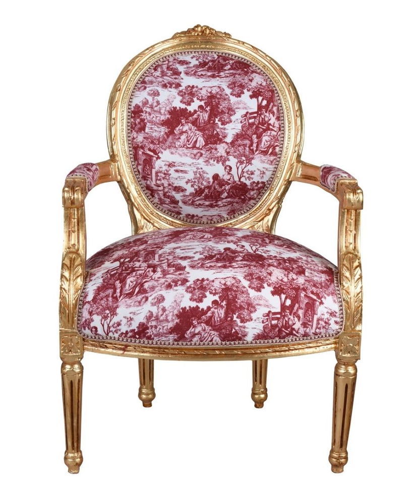 Semifotoliu auriu antichizat cu tapiterie alba cu desene rosii