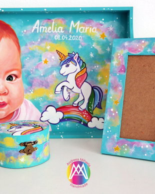 Set Mot cu Portretul sarbatoritei  pictat si Unicorn