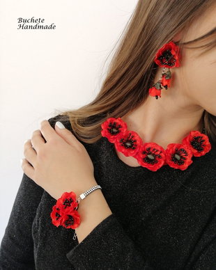 Set bijurterii cu flori textile/Colier cu maci/Cercei cu maci