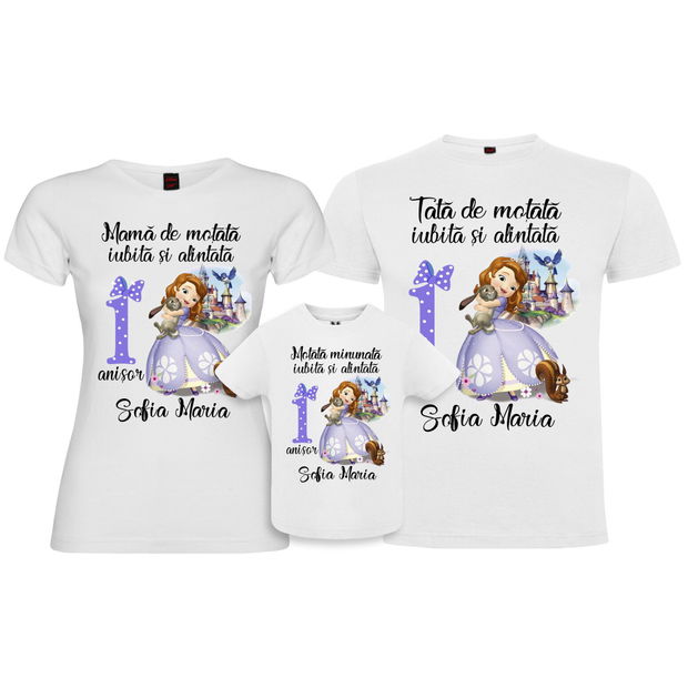 Set de 3 tricouri aniversare pentru parinti si copil, personalizate cu nume,varsta si mesaj,motata minunata iubita si alintata,printesa