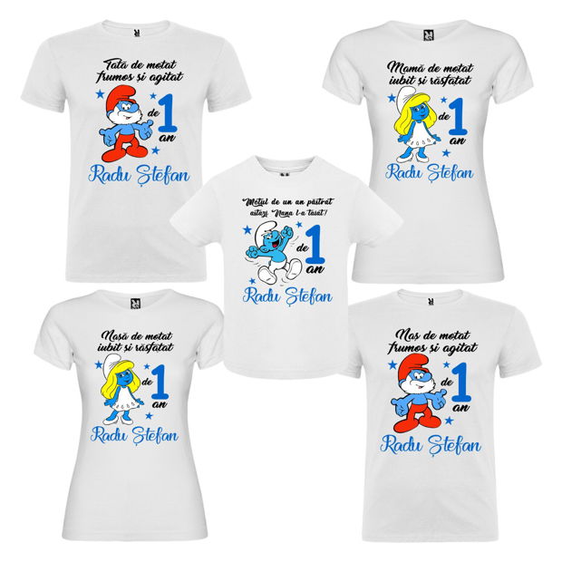Set de 5 tricouri aniversare pentru nasi,parinti si copil, personalizate cu nume,varsta si mesaj,strumfi