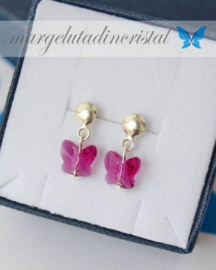 Cercei Swarovski pentru fetite  / Fluturasi Fuchsia / Argint 925