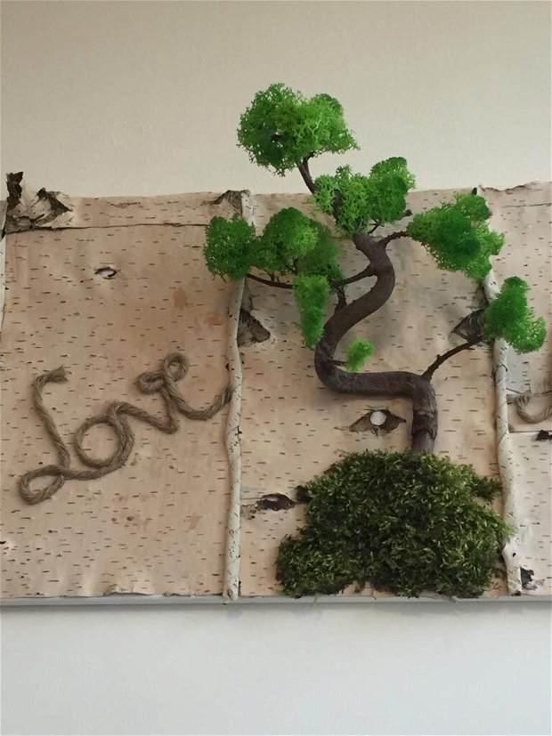 Tablou bonsai "Love Life"- tablou realizat pe panza canvas, cu aplicatii scoarta mesteacan, bonsai cu licheni stabilizati