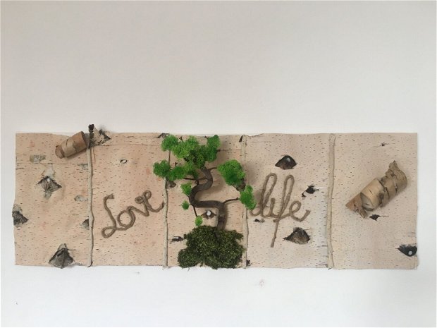 Tablou bonsai "Love Life"- tablou realizat pe panza canvas, cu aplicatii scoarta mesteacan, bonsai cu licheni stabilizati