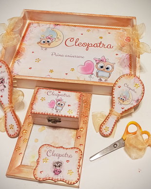 Set mot / prima aniversare, 6 piese, tema Bufnite