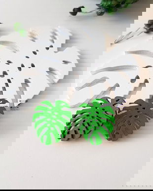 Cercei frunza, cercei Monstera, cercei verzi, cercei lemn, cercei pictati, cercei frunze