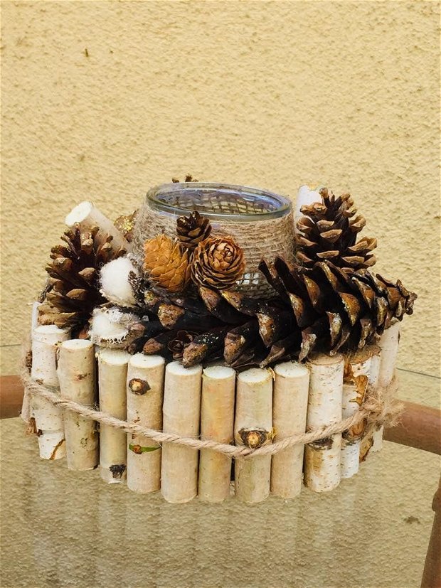 Suport lumanare decorativ/handmade/rustic/crengi mesteacan/suport lemn/conuri pin