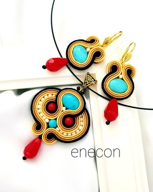 Set soutache turcoaz cu rosu