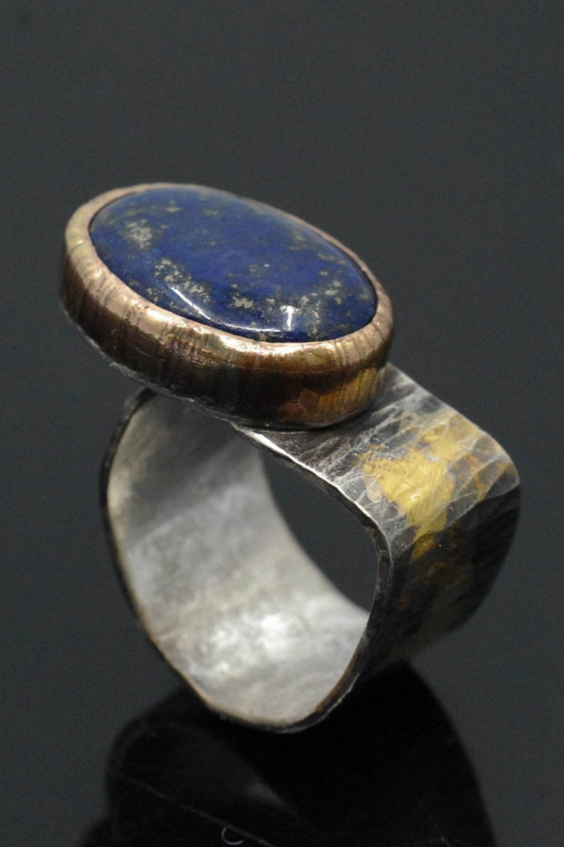 Inel din argint şi lapis cabochon, cu profil gold-filled
