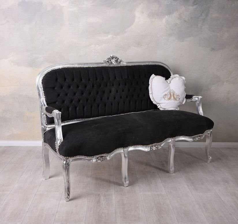 Sofa trei locuri din lemn masiv argintiu cu tapiterie neagra
