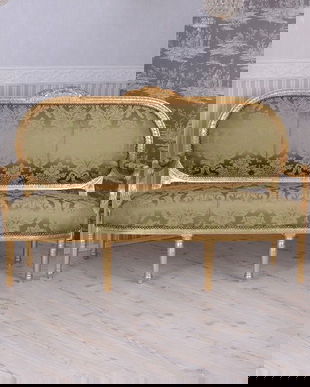 Sofa Madamme Pompadour din lemn masiv auriu cu tapiterie verde