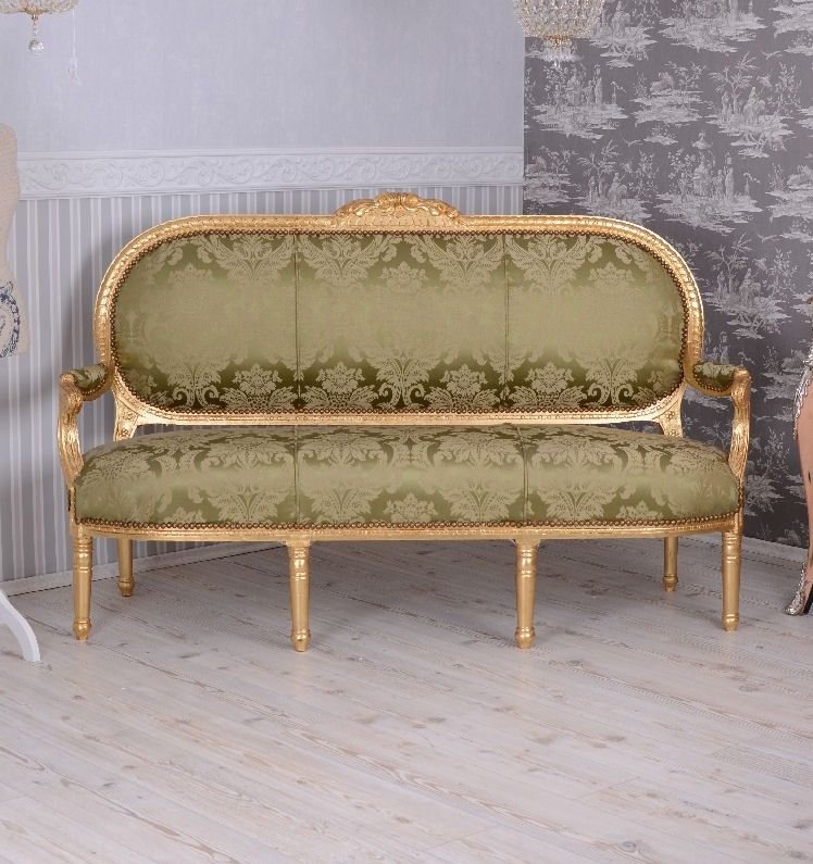 Sofa Madamme Pompandour din lemn masiv auriu cu tapiterie verde