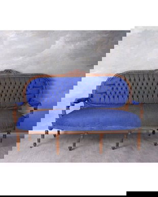 Sofa Madamme Pompandour din lemn masiv mahoncu tapiterie albastra