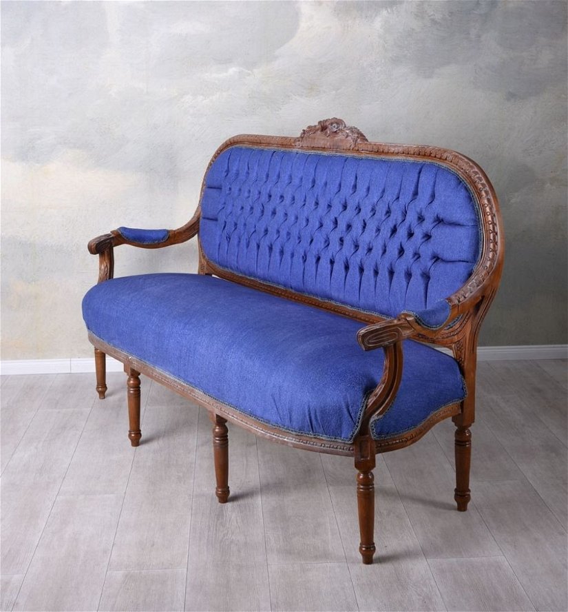 Sofa Madamme Pompandour din lemn masiv mahoncu tapiterie albastra