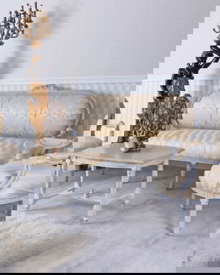 Set baroc din lemn masiv alb cu tapiterie crem