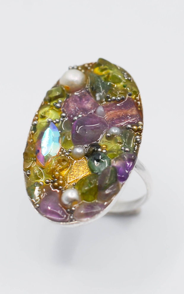 Inel argint 925 cu mozaic din charoit, peridot, ametist