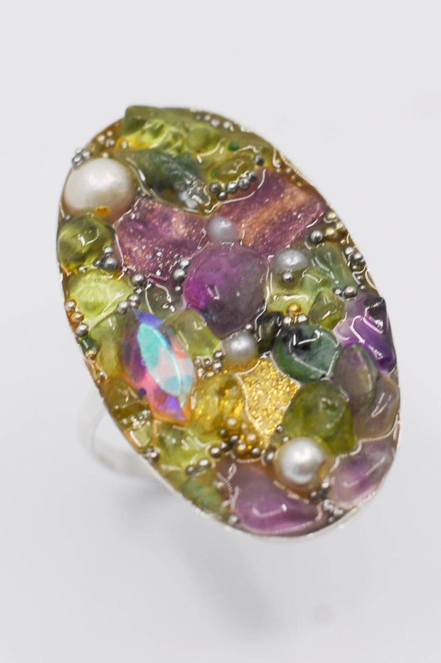 Inel argint 925 cu mozaic din charoit, peridot, ametist