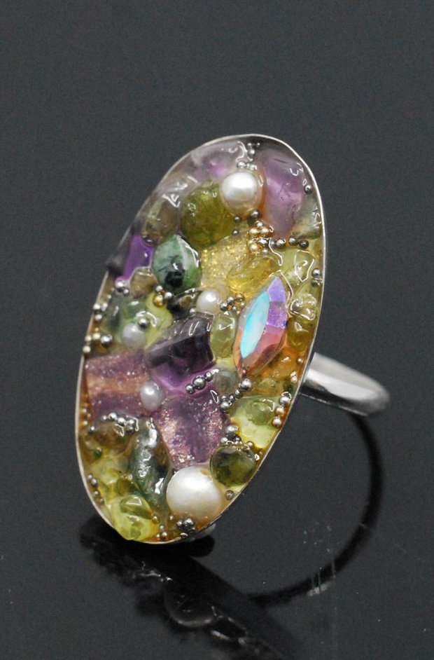 Inel argint 925 cu mozaic din charoit, peridot, ametist