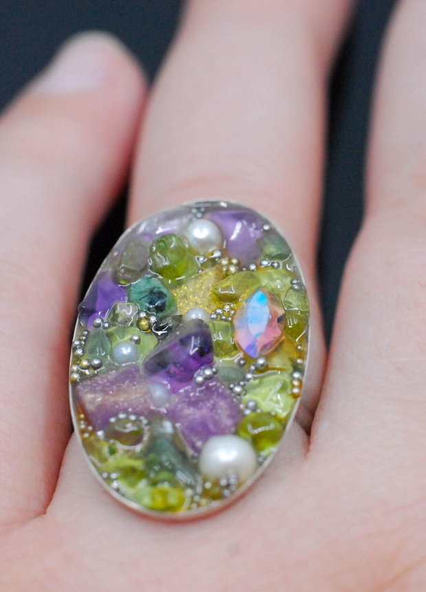 Inel argint 925 cu mozaic din charoit, peridot, ametist