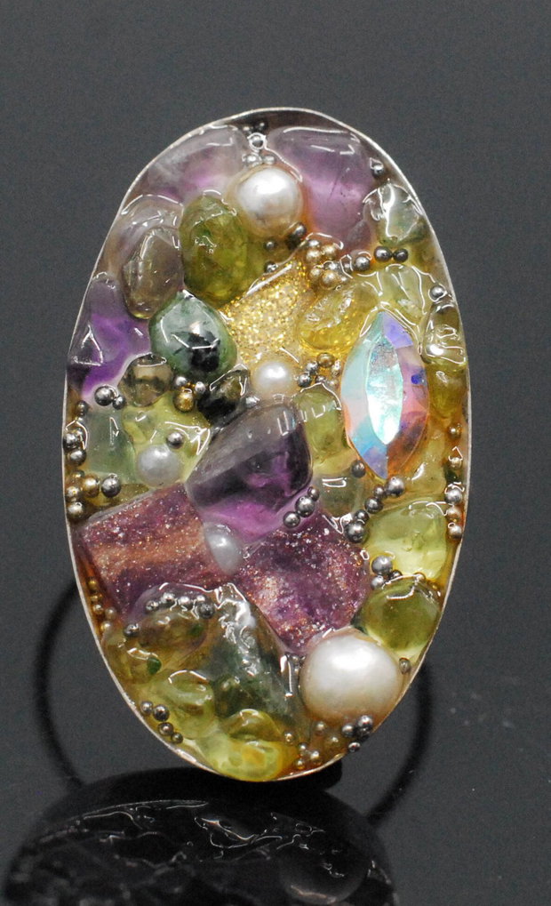 Inel argint 925 cu mozaic din charoit, peridot, ametist