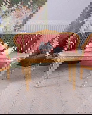 Set baroc din lemn masiv auriu cu tapiterie de matase rosie