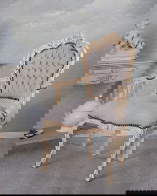 Semifotoliu baroc din lemn masiv alb cu tapiterie grej