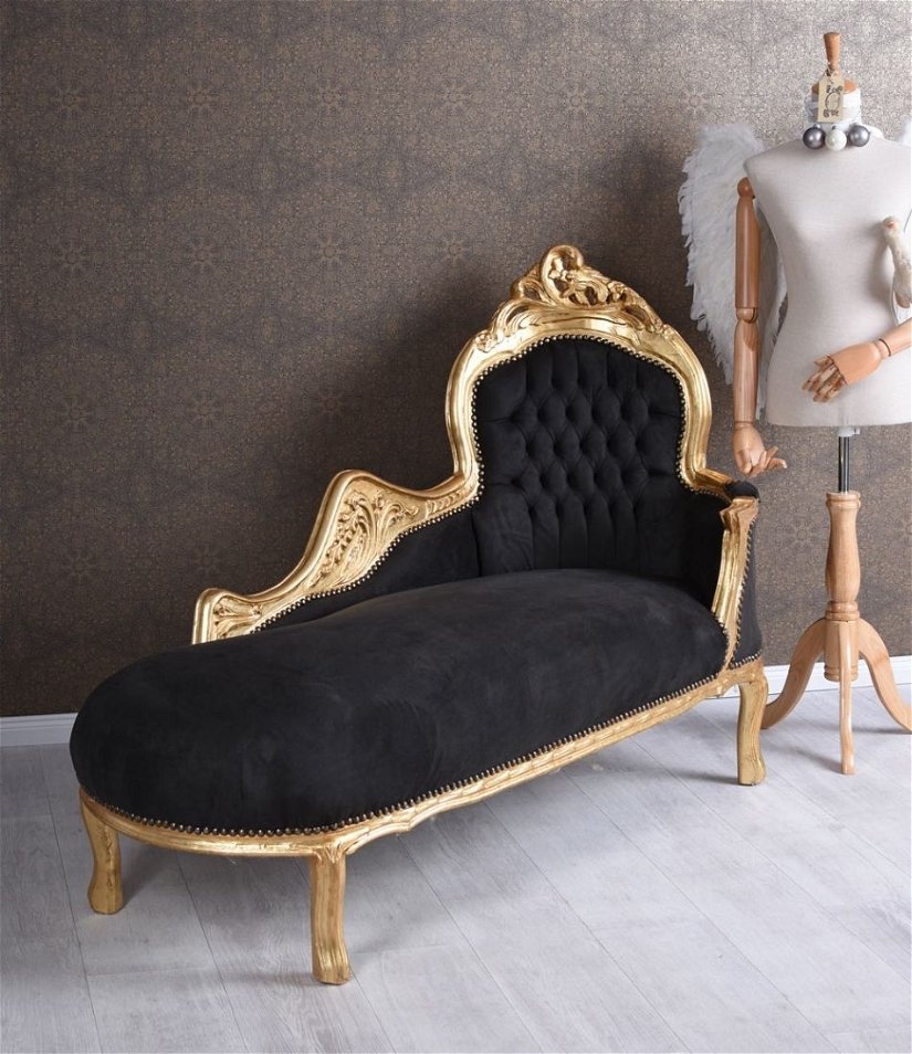 Sofa din lemn masiv auriu cu tapiterie din catifea neagra