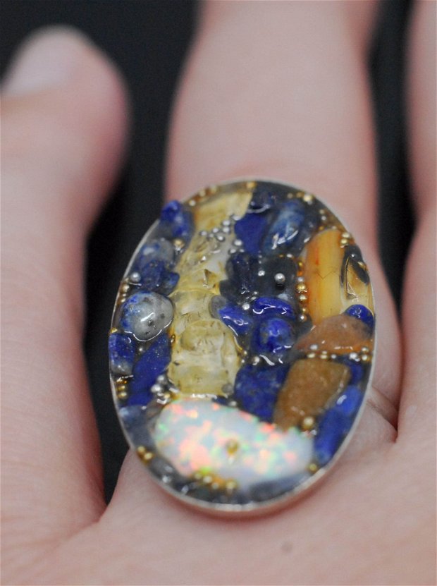 Inel argint 925 cu mozaic din lapis lazuli, carneol, citrin, opal de sinteza