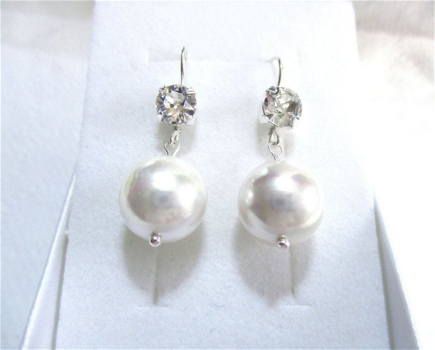 Cercei argint, perle albe naturale si cristale