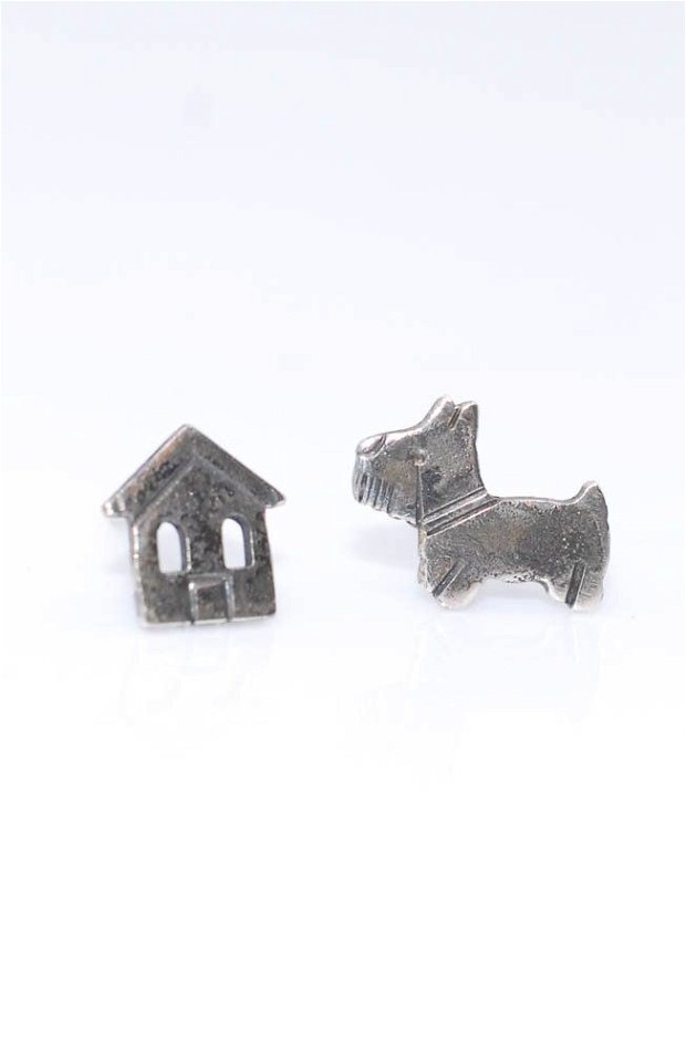 Cercei asimetrici catel și casă argint 925, cercei caine, terrier