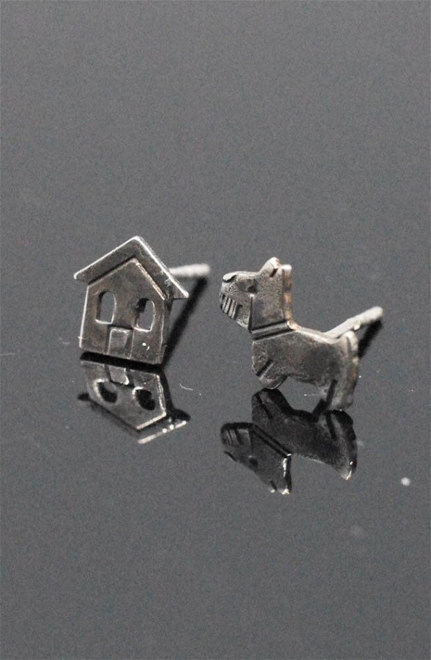 Cercei asimetrici catel și casă argint 925, cercei caine, terrier