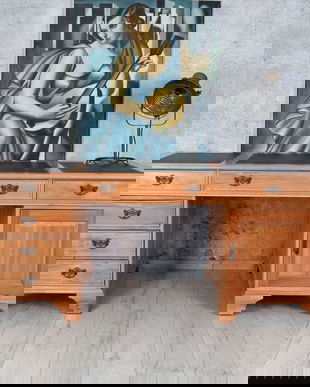 Birou mare din lemn masiv cu sase sertare